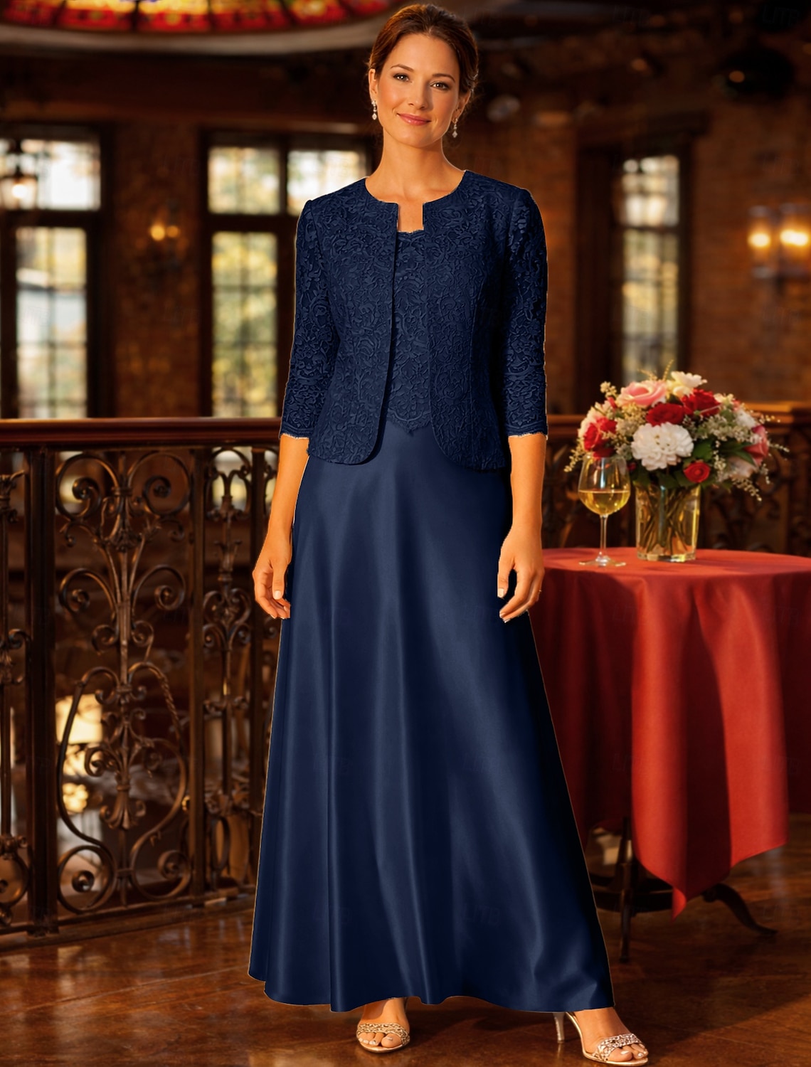 Sheath Column 3 Piece Floor Length Wedding Guest Dress Mother of the Bride Dress Sleeveless Long Sleeve Square Neck Jewel Neck Elegant Vintage Simple Formal Wedding Guest Satin Lace Jacket Dresses