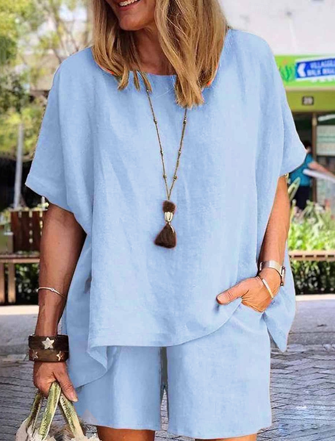Women's Linen-feel Set Two Piece Sets Short Sleeve Short Pant Crew Neck Pure Color Pocket Elastic Waist Fashion Comfort Soft Daily Home Vacation White Khaki Army Green Summer
