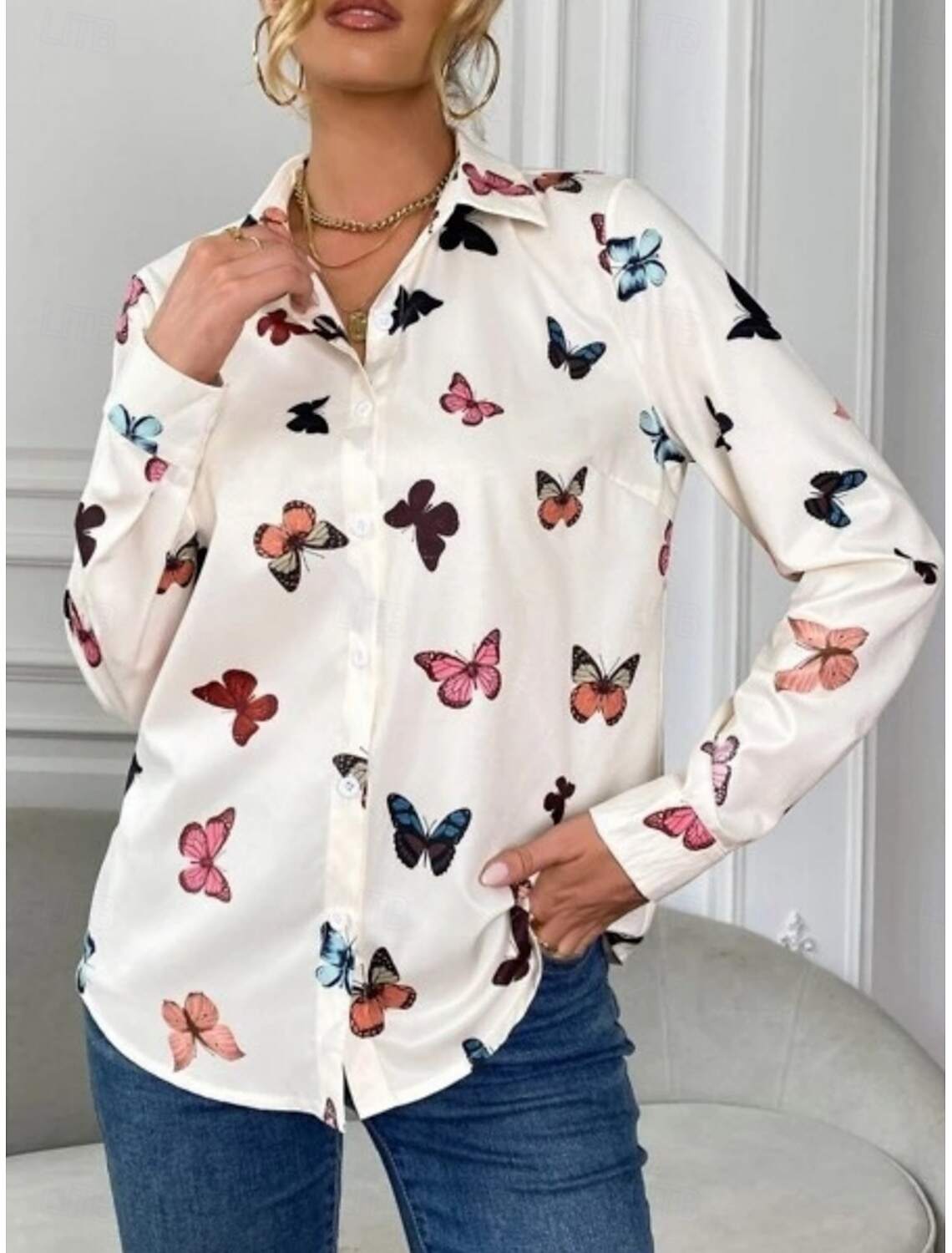 Women's Shirt Blouse Stylish Casual Butterfly Regular Tops Long Sleeve Shirt Collar Buttons Print Regular Fit Daily Summer Spring