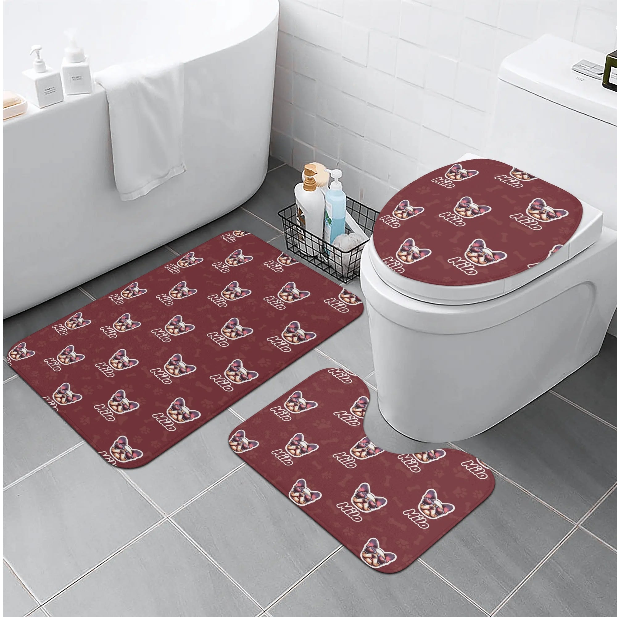 Personalized - Warm Bathroom Set With Your Frenchie’s Name Indoor Use