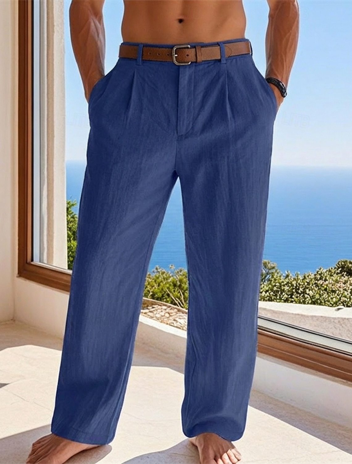 Men's Cotton Linen Pants Trousers Summer Pants Baggy Pants Beach Pants Pocket Solid Color Comfort Breathable Full Length Casual Daily Outdoor Vacation Fashion Blue Black Inelastic