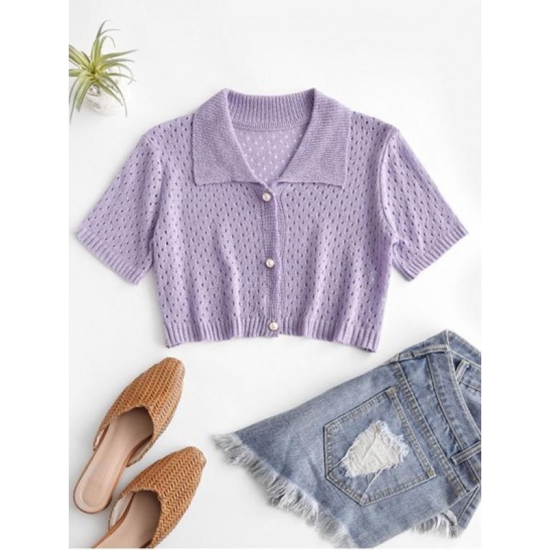 Eyelet Pearly Button Up Knitted Top IA4924