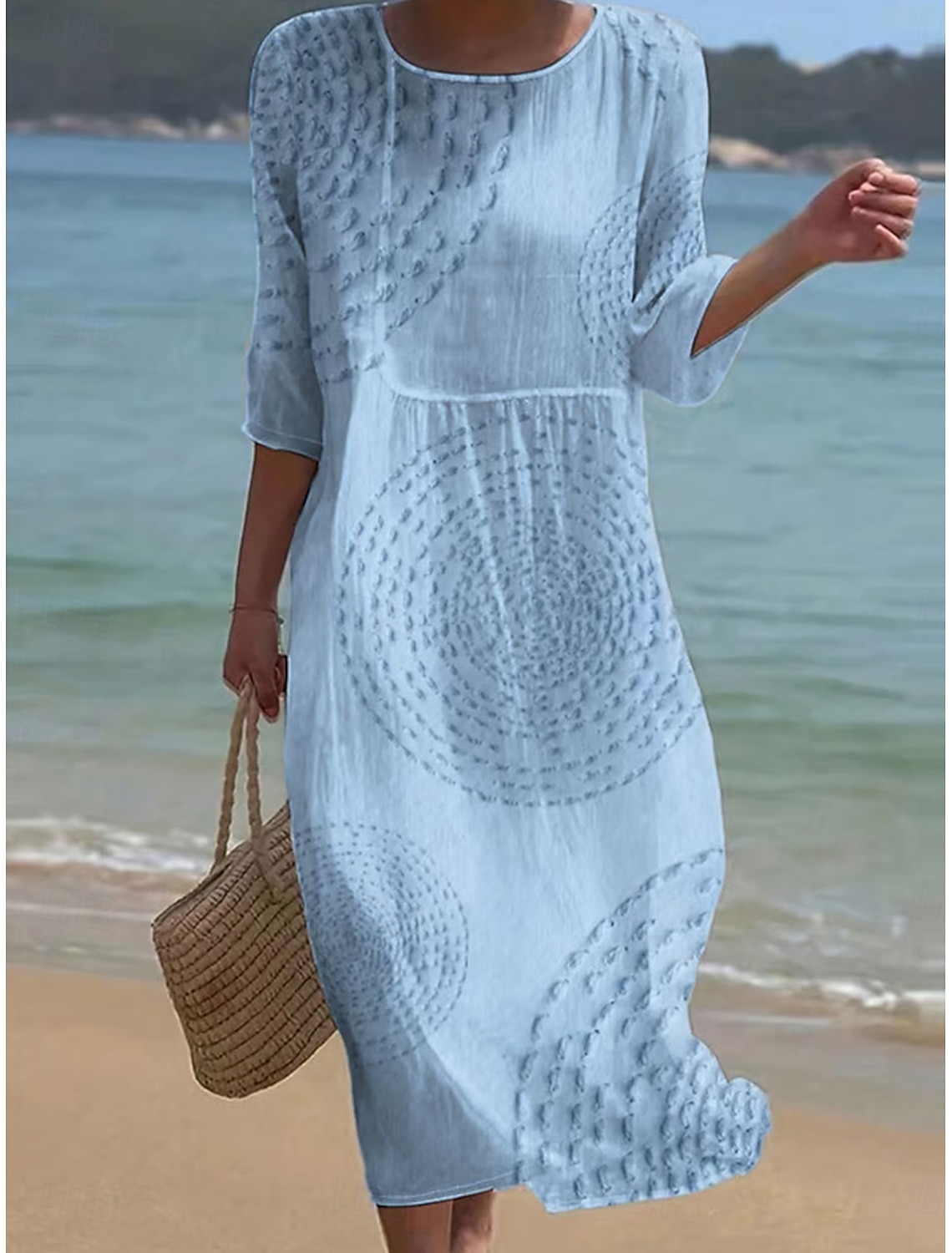 Women's Maxi Dress Linen Like Breathable Lightweight Kaftan 3/4 Length Sleeve Crew Neck Casual Dress A Line Dress Boho Regular Fit Graphic Abstract White Blue Green Khaki Spring Fall