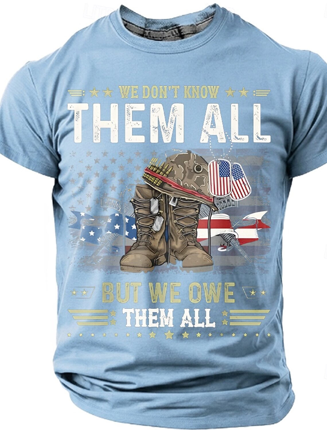 Memorial Day We Don't Know Them All But We Owe Them All Men's Combat Boots Dog Tags American Flag Patriotic Graphic T Shirt Distressed Vintage Short Sleeve Tee Designer Clothing Apparel S M L XL XXL X