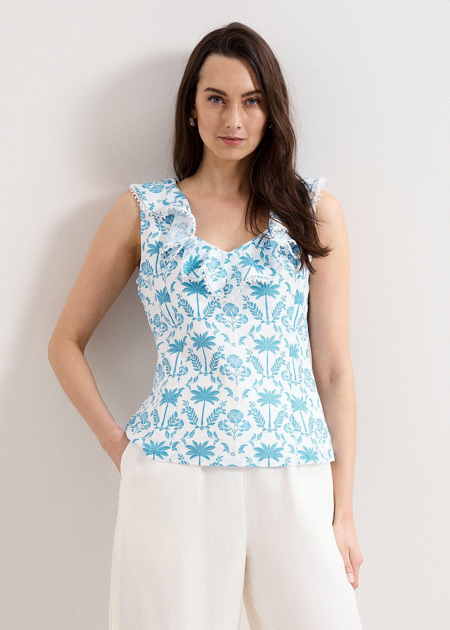 Rhona Blue Print Ruffle Linen Blouse