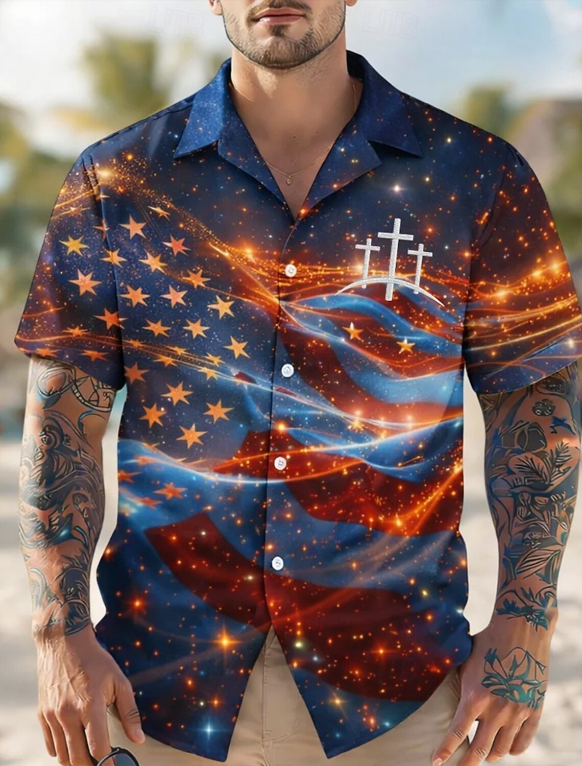 Men's 4th of July U.S. 250th Anniversary Cross US Flag Shirt Cuban Collar Shirt Button Up Shirt Short Sleeve Patriotic Holiday Summer Spring Camp Collar Shirt 3D Print Blue Blue red Purple Dark Blue