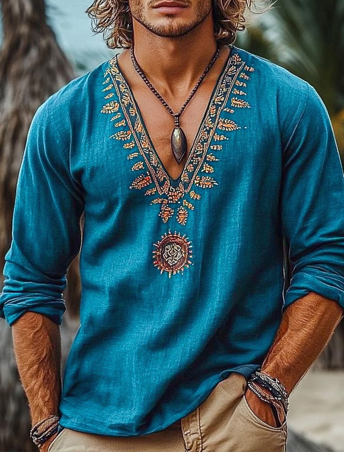 Men's Shirt Linen Shirt Viking Style Summer Shirt Beach Wear Pirate Shirt Solid Color Vacation Street Navy Blue Long Sleeve V Neck Summer Spring Clothing Apparel Medieval Knight