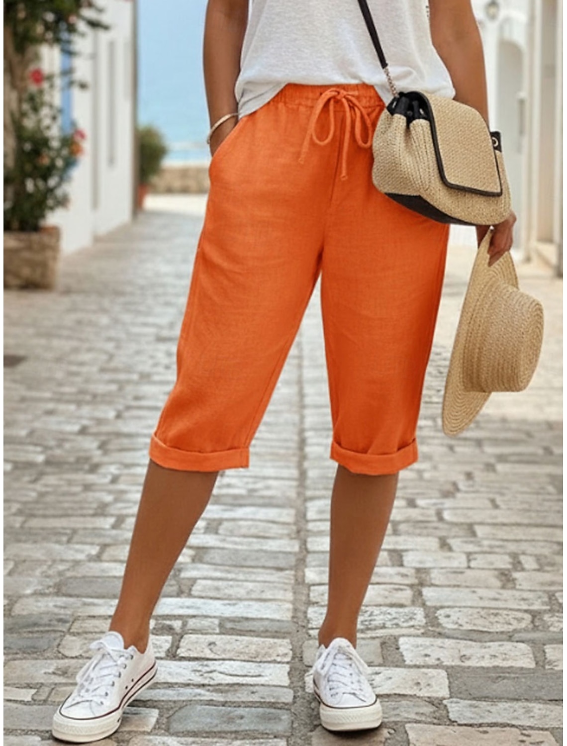 Women's Linen Shorts Capri Pants Chinos Summer Shorts Vacation Streetwear Casual Knee Length Medium Waist Plain Drawstring Pocket Comfortable Breathable Inelastic Daily Outdoor Street