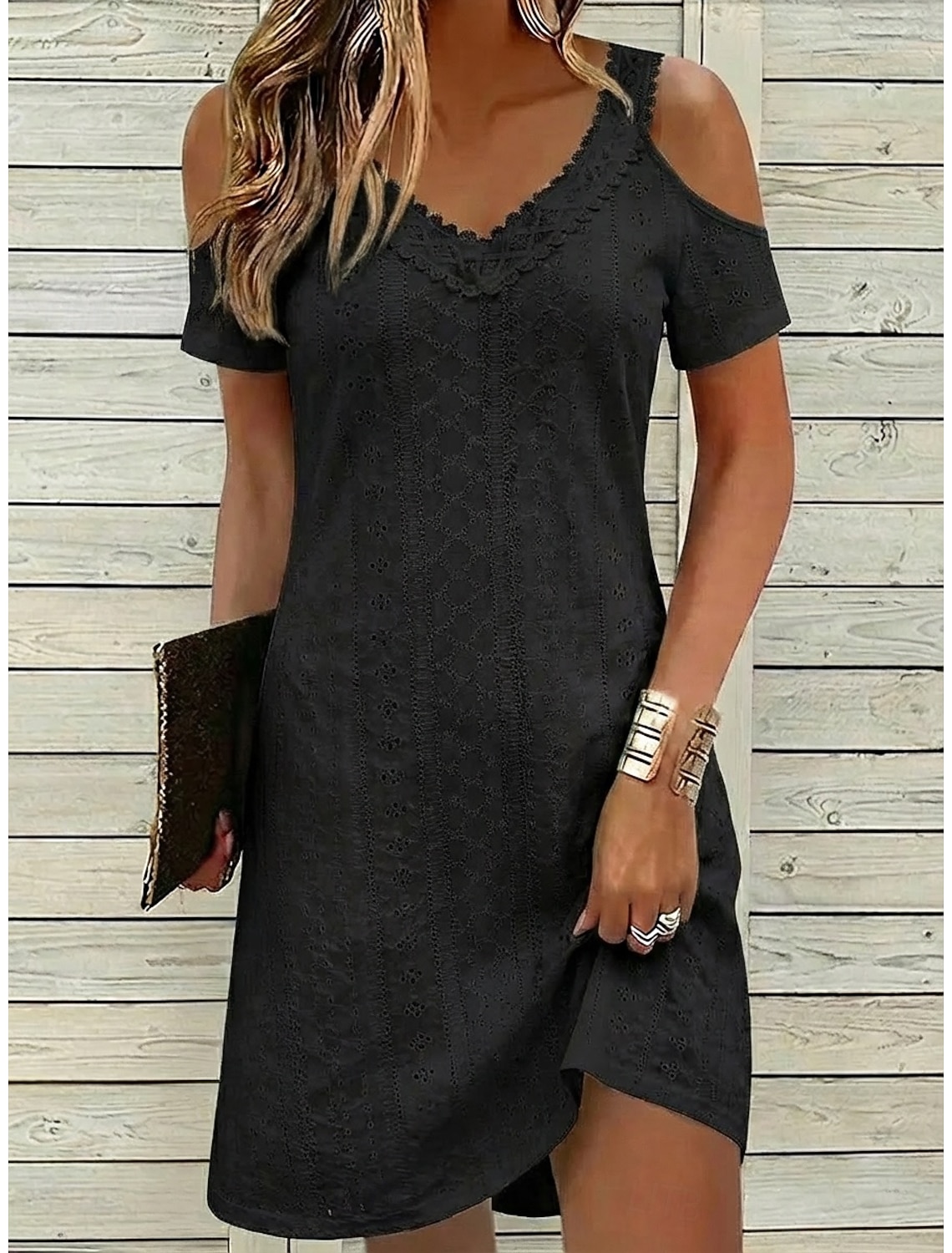 Women's Mini Dress White Dress Summer Dress Eyelet Dress Fashion Modern Beach Vacation Holiday Regular Fit Plain Short Sleeve V Neck Black White Light Green Pink Summer Spring