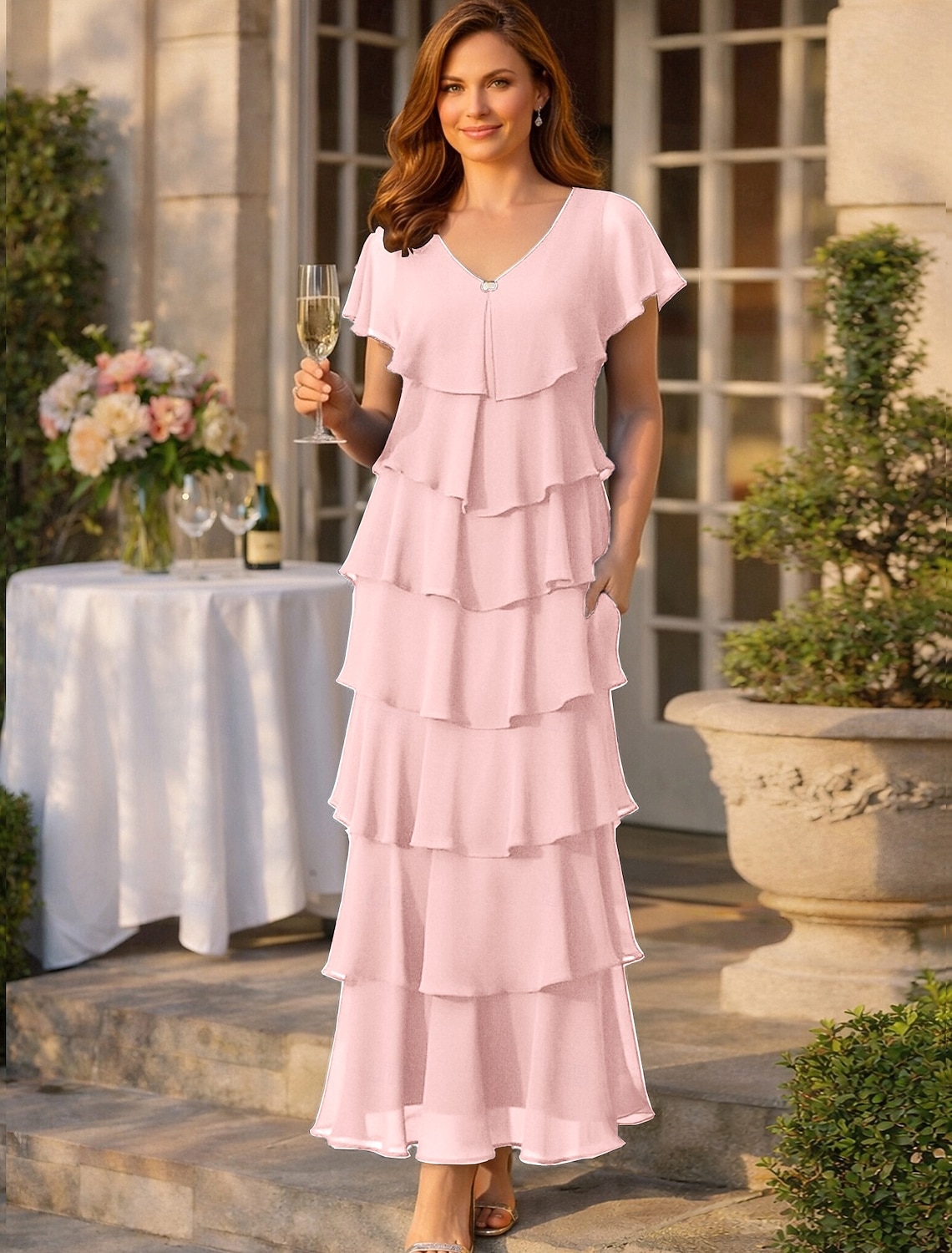 Sheath Column Ankle Length Party Dress Cocktail Dress Wedding Guest Dress Mother of the Bride Dress Short Sleeve V Neck Plus Size Wedding Party Chiffon with Tier