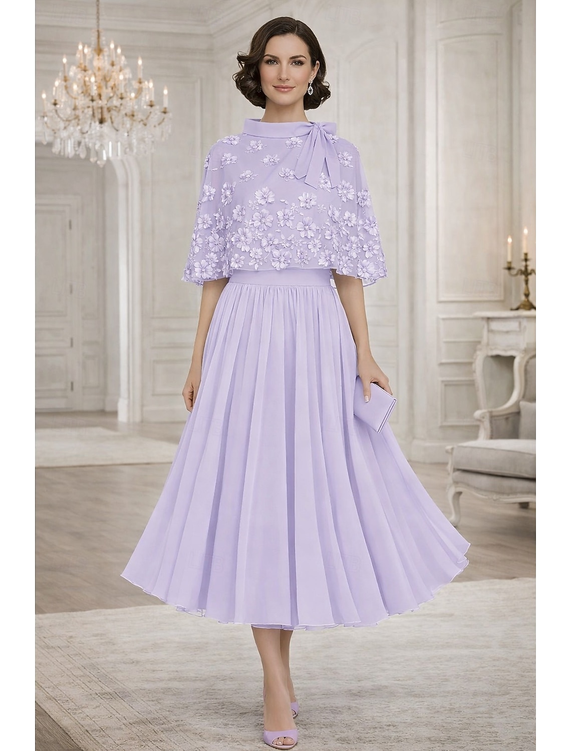 A-Line Tea Length Party Dress Cocktail Dress Wedding Guest Dress Mother of the Bride Dress Short Sleeve Crew Neck Boat Neck Elegant Formal Wedding Guest Family Gathering Chiffon Wrap Included with 3D