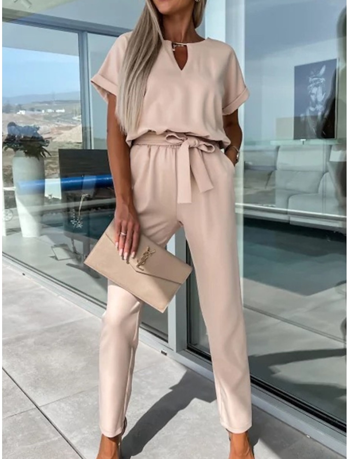 Women's Jumpsuits Casual Summer Lace up High Waist Solid Color Crew Neck Business Office Work Loose Fit Short Sleeve Black Pink Fuchsia S M L