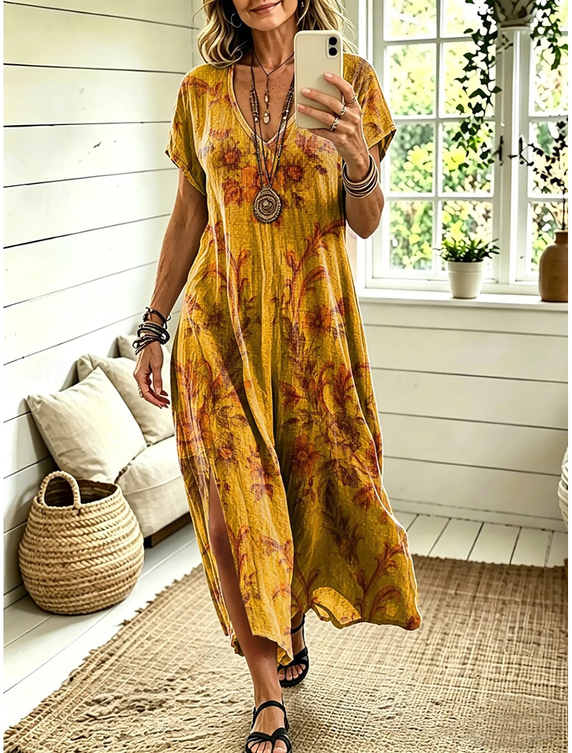 Women's Midi Dress A Line Dress Casual Loose Fit Floral Abstract Short Sleeve V Neck Blue Red Sky Blue Green Summer Spring