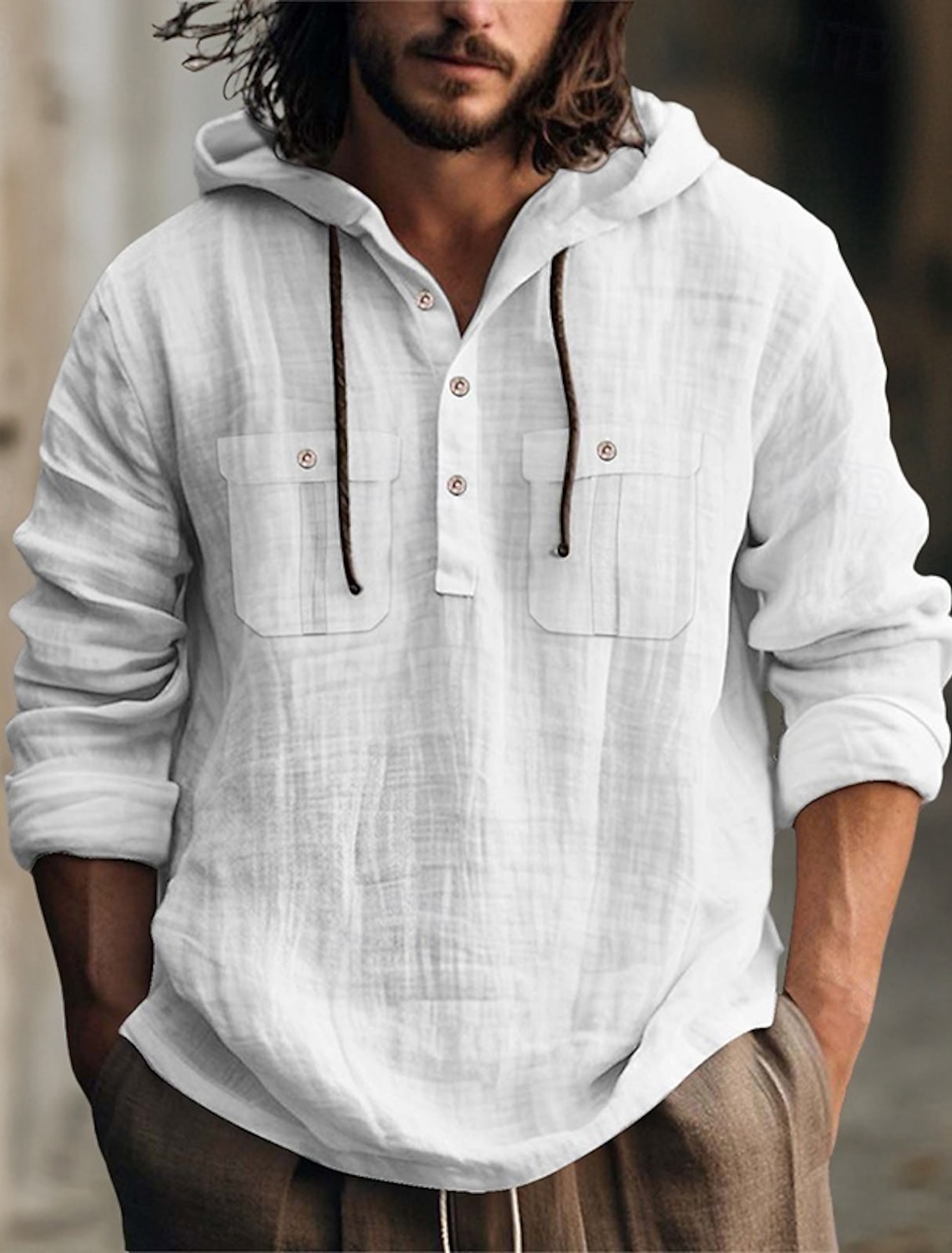 Men's Shirt Linen Shirt Summer Shirt Beach Shirt Hooded Shirt Plain Casual Daily Black White Blue Brown Long Sleeve Hooded Spring & Summer Clothing Apparel