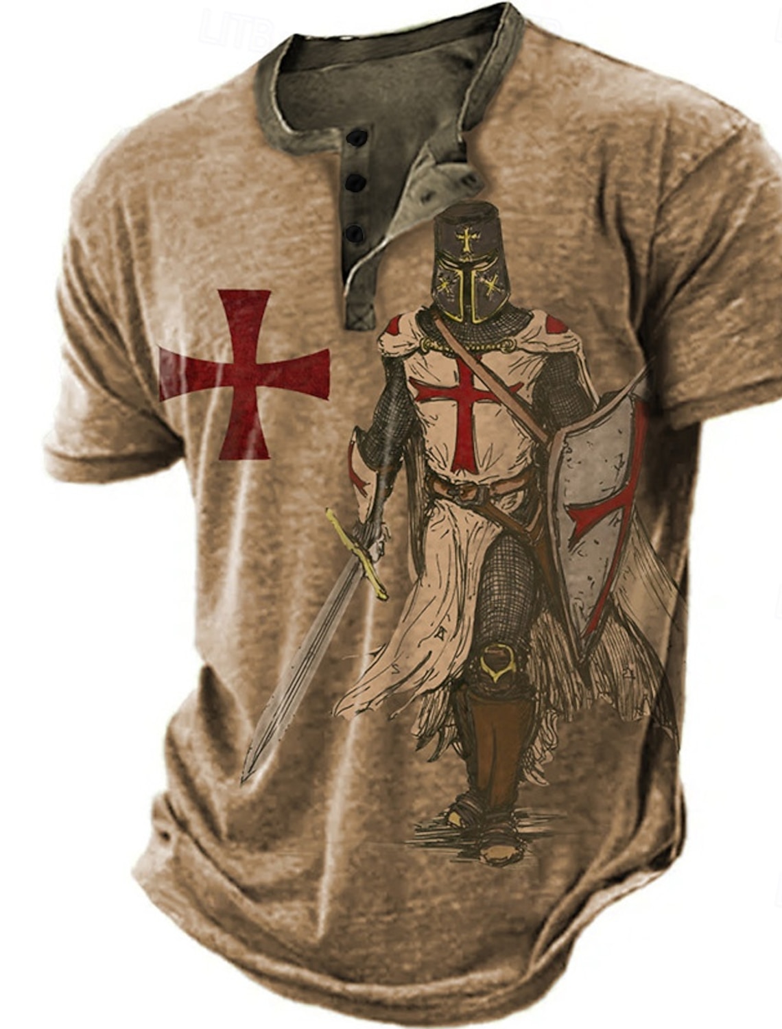 Men's Knights Templar Graphic Prints Henley Shirt Tee Short Sleeve