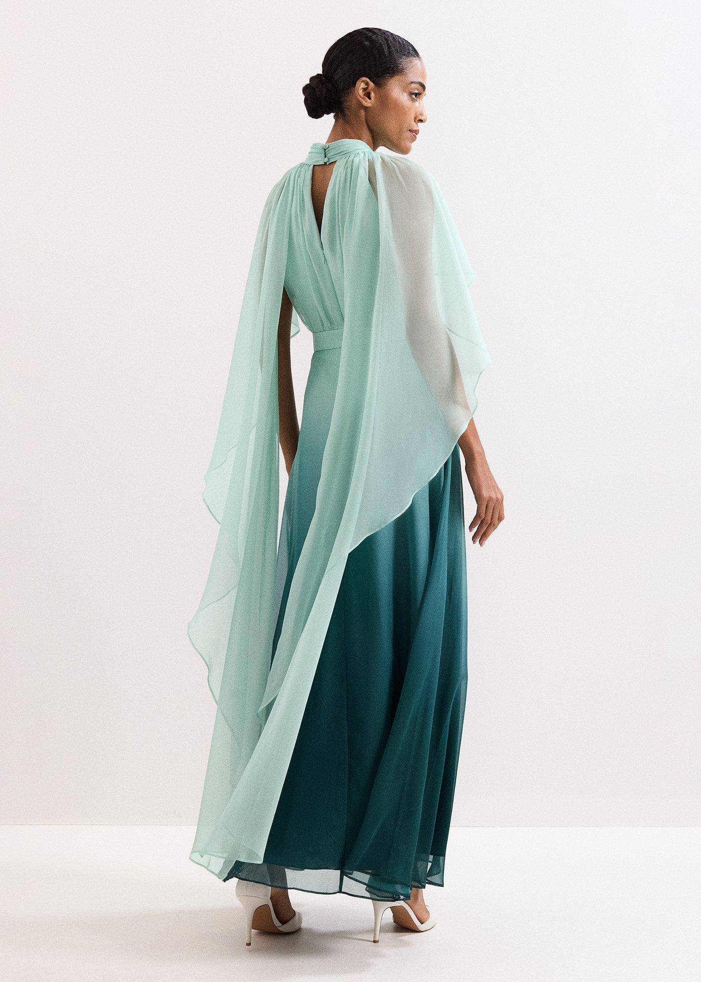 Petite Aspen Teal Ombre Cape Maxi Dress