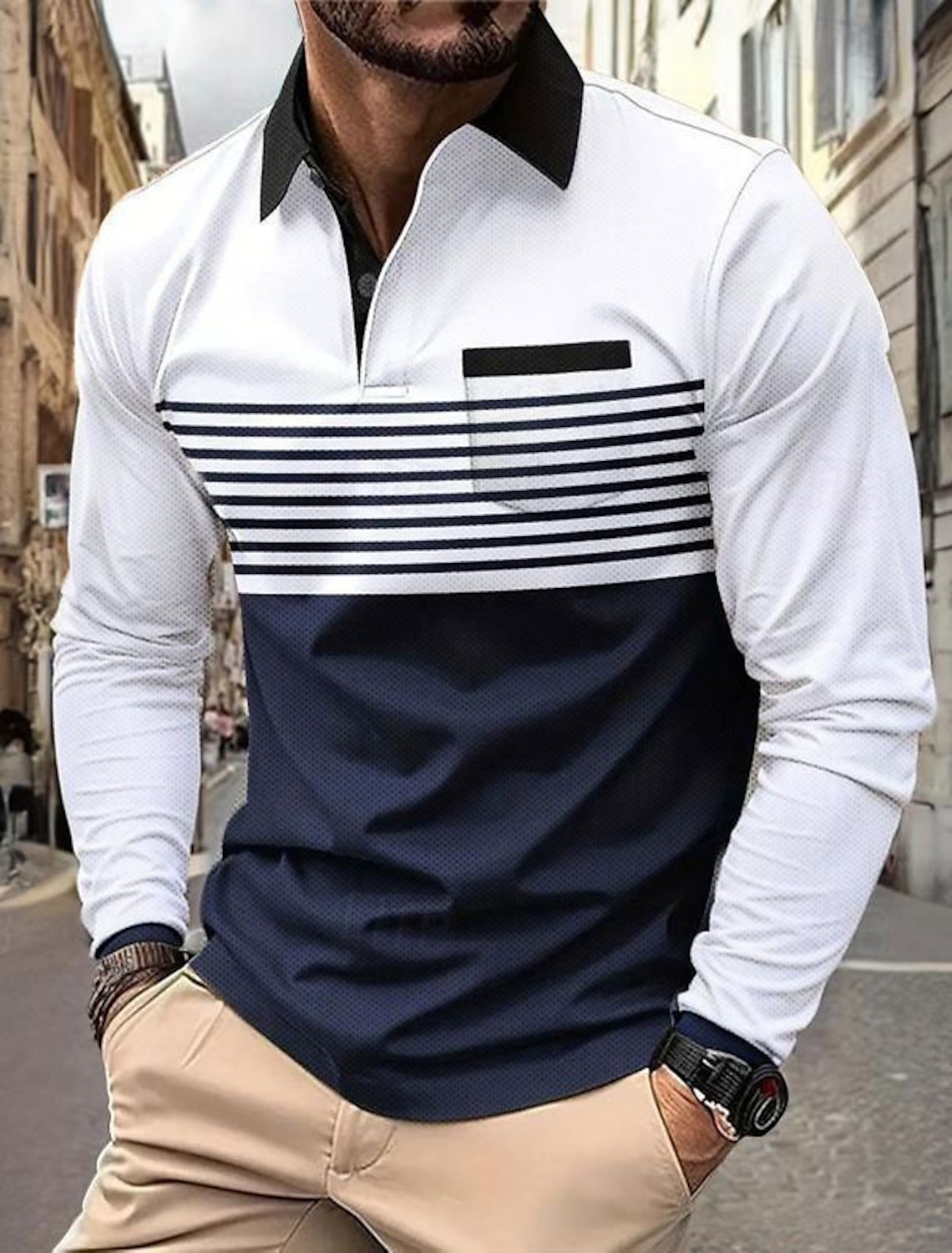 Men's Horizontal Stripes Polo Long Sleeve Shirts Collared Business