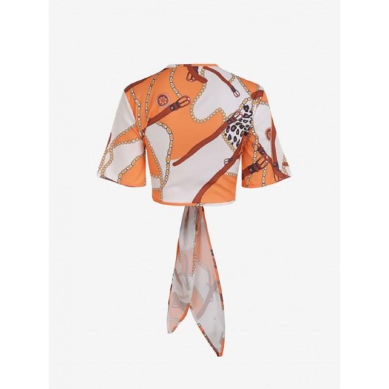 Chain Leopard Print Tie Front Crop Blouse VK7956