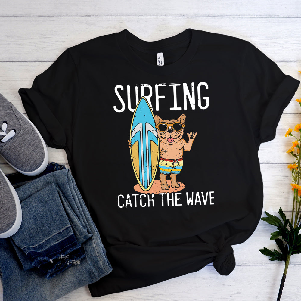 French Bulldog Catch The Wave Short Sleeve Unisex T Shirt Durable Dog Item