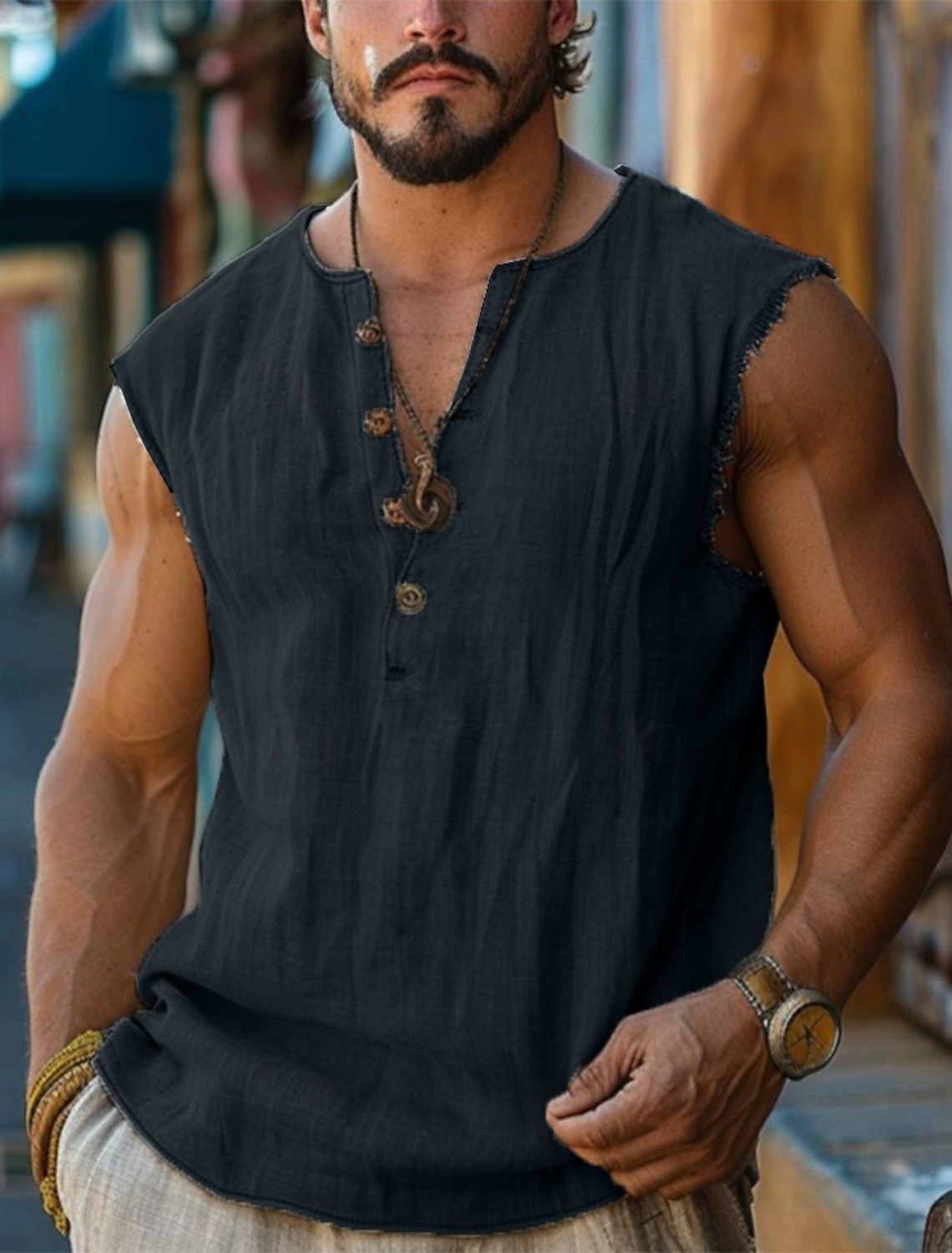 Men's Henley Shirt Vest Top Linen Tank Top Sleeveless Shirt Sleeveless Henley Summer Plain Fashion Designer Bohemian Buttons Vacation Casual Going out Black White Pink Top Tee for Men