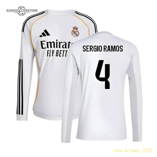 2025-2026 Madrid Real Madrid Long Sleeve Home Kit Shirt (Sergio Ramos 4)
