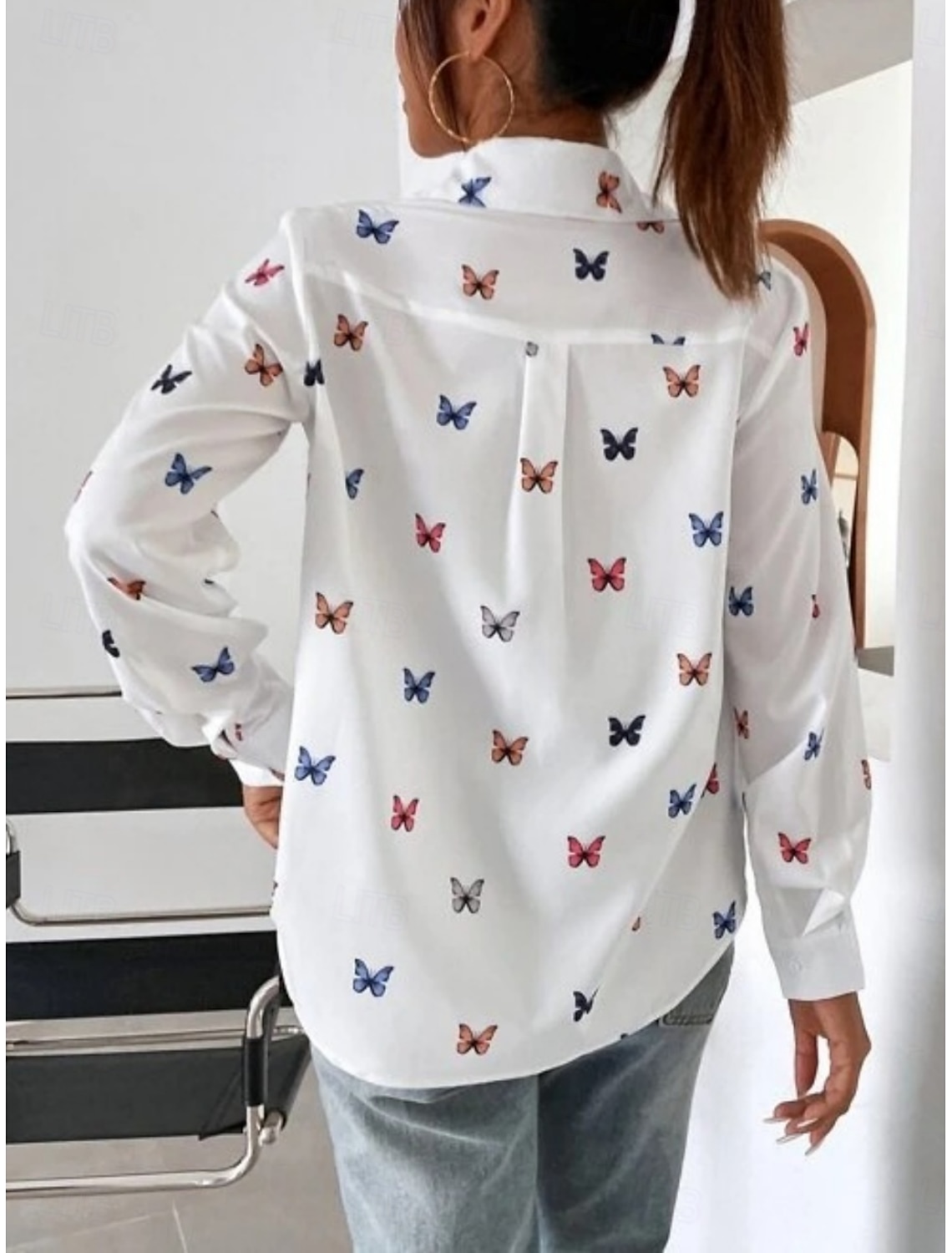 Women's Shirt Blouse Stylish Casual Butterfly Regular Tops Long Sleeve Shirt Collar Buttons Print Regular Fit Daily Summer Spring