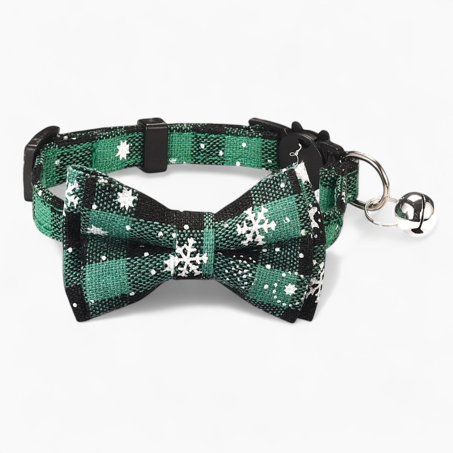 SnowFlake Holiday Frenchie Collar and Bell – Adjustable Christmas Plaid Bow Tie
