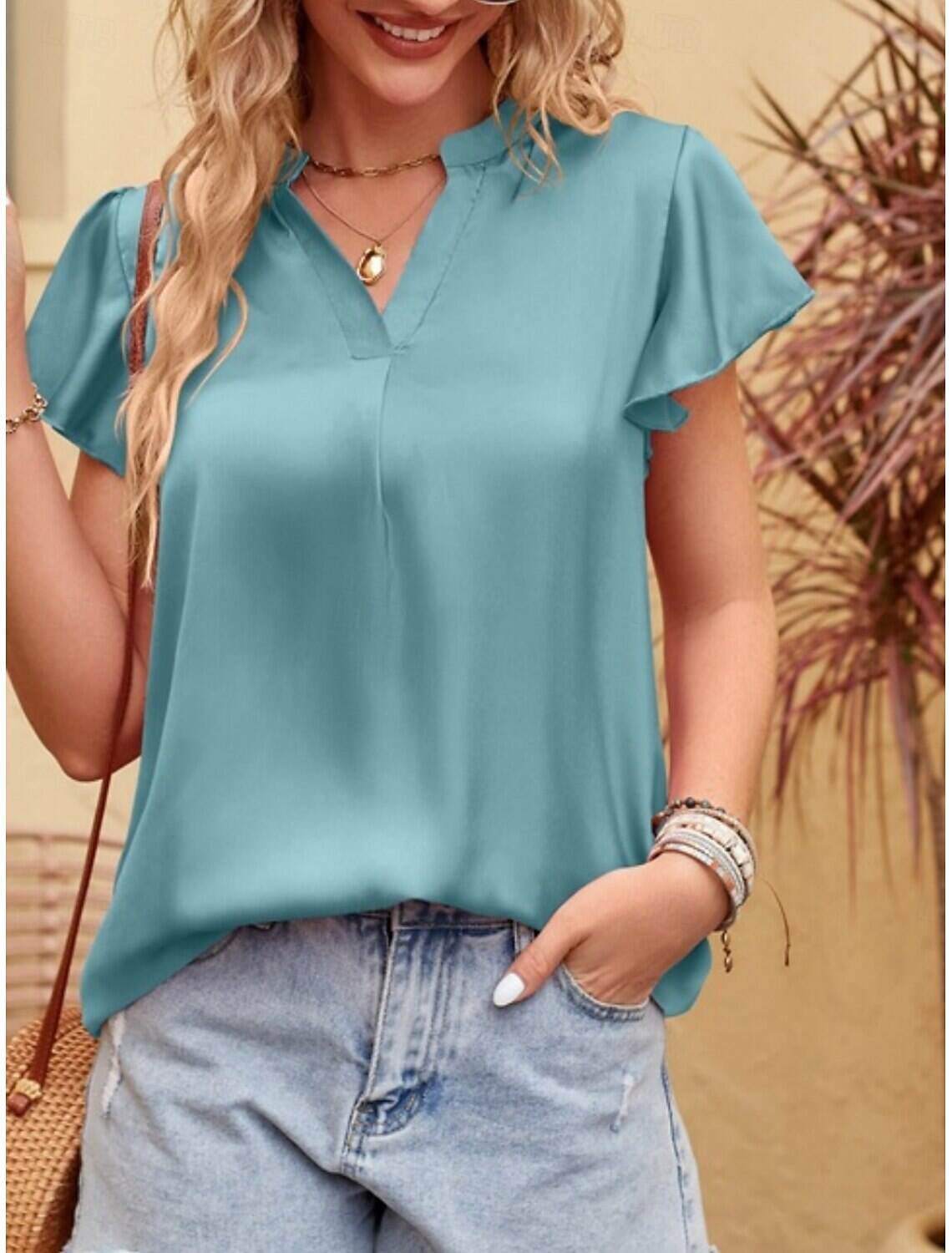 Women's T Shirt Fashion Modern Formal Plain Regular Tops Short Sleeve V Neck Ruffle Regular Fit Formal Wear Summer