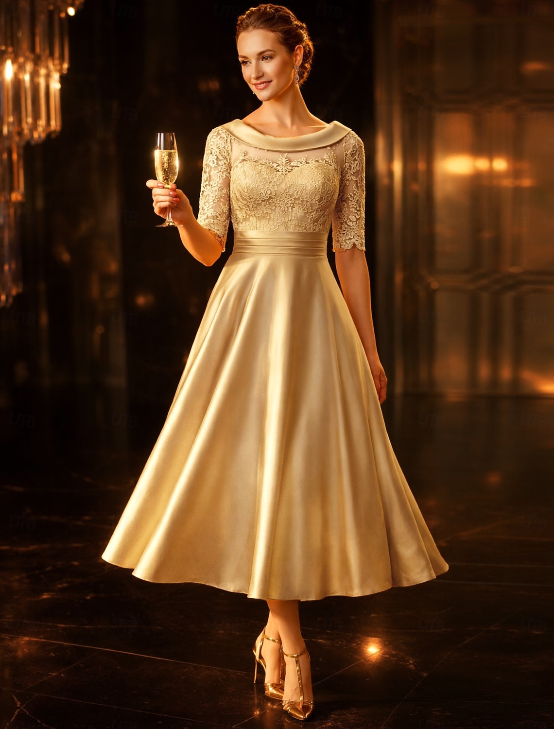A-Line Tea Length Party Dress Cocktail Dress Wedding Guest Dress Mother of the Bride Dress Half Sleeve Scoop Neck Elegant Vintage Wedding Guest Satin Lace with Ruched Appliques