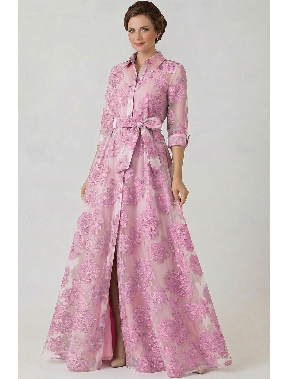 A-Line Floor Length Shirt Dress Formal Dresses Evening Gown Mother of the Bride Dress Long Sleeve Shirt Collar Elegant Vintage High Split Formal Jacquard with Bow(s) Flower