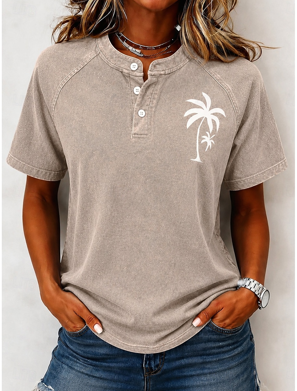 SoftFade™ Women's Vintage 100% Cotton Henley Shirt - Soft Washed Short Sleeve Basic Tops