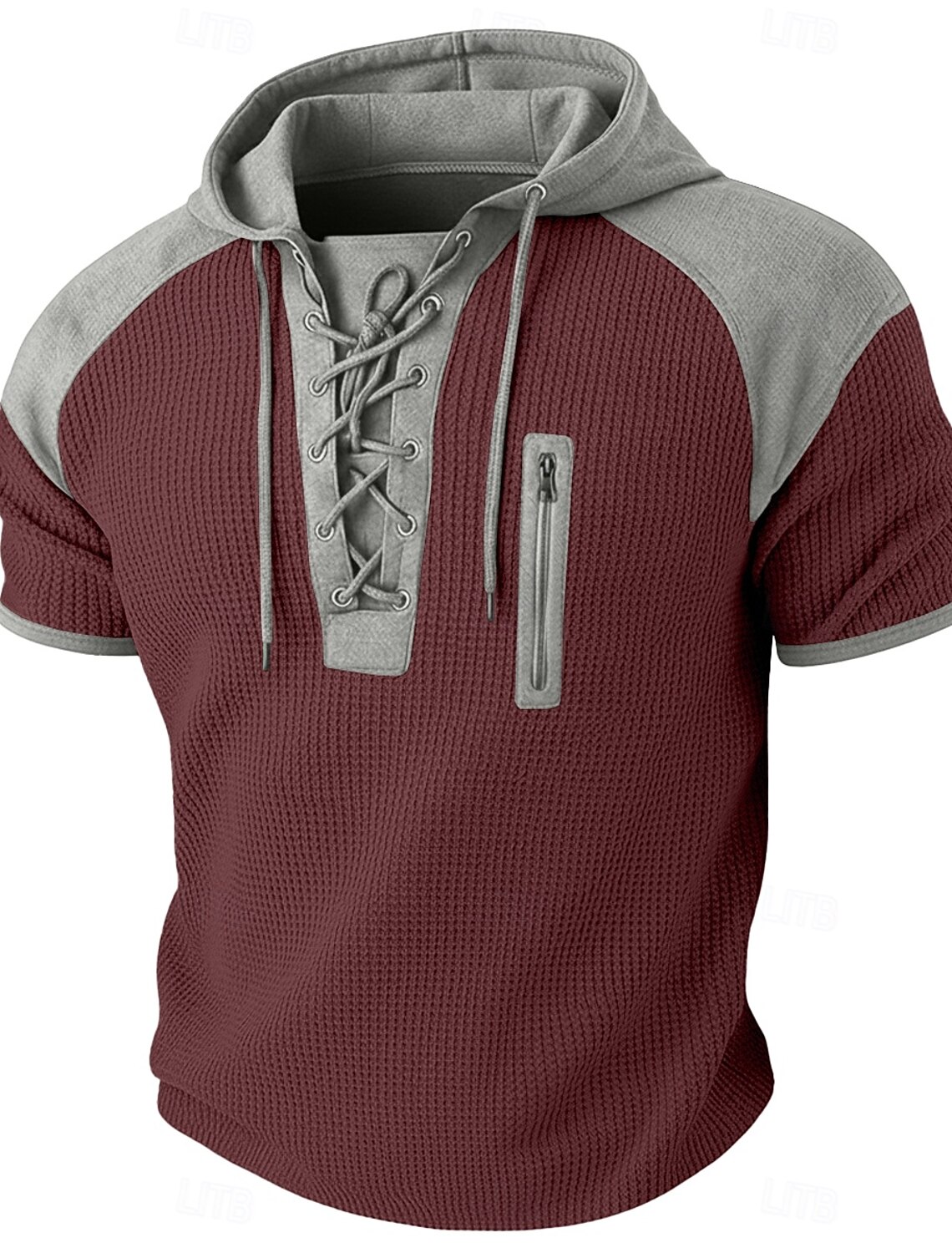 Men's Waffle T-shirt T Shirt Henley Long Sleeve Hooded Lace Up Neck