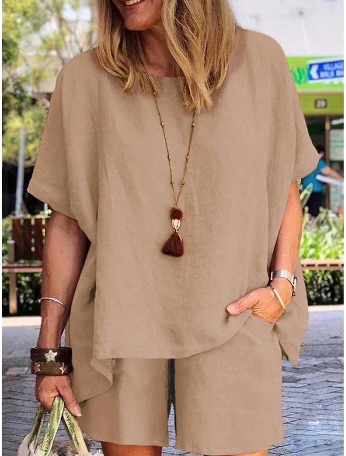 Women's Linen-feel Set Two Piece Sets Short Sleeve Short Pant Crew Neck Pure Color Pocket Elastic Waist Fashion Comfort Soft Daily Home Vacation White Khaki Army Green Summer