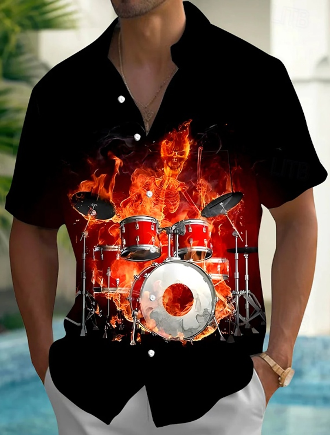 Men's Boardmasters Flame Musical Instrument Shirt Summer Button Up