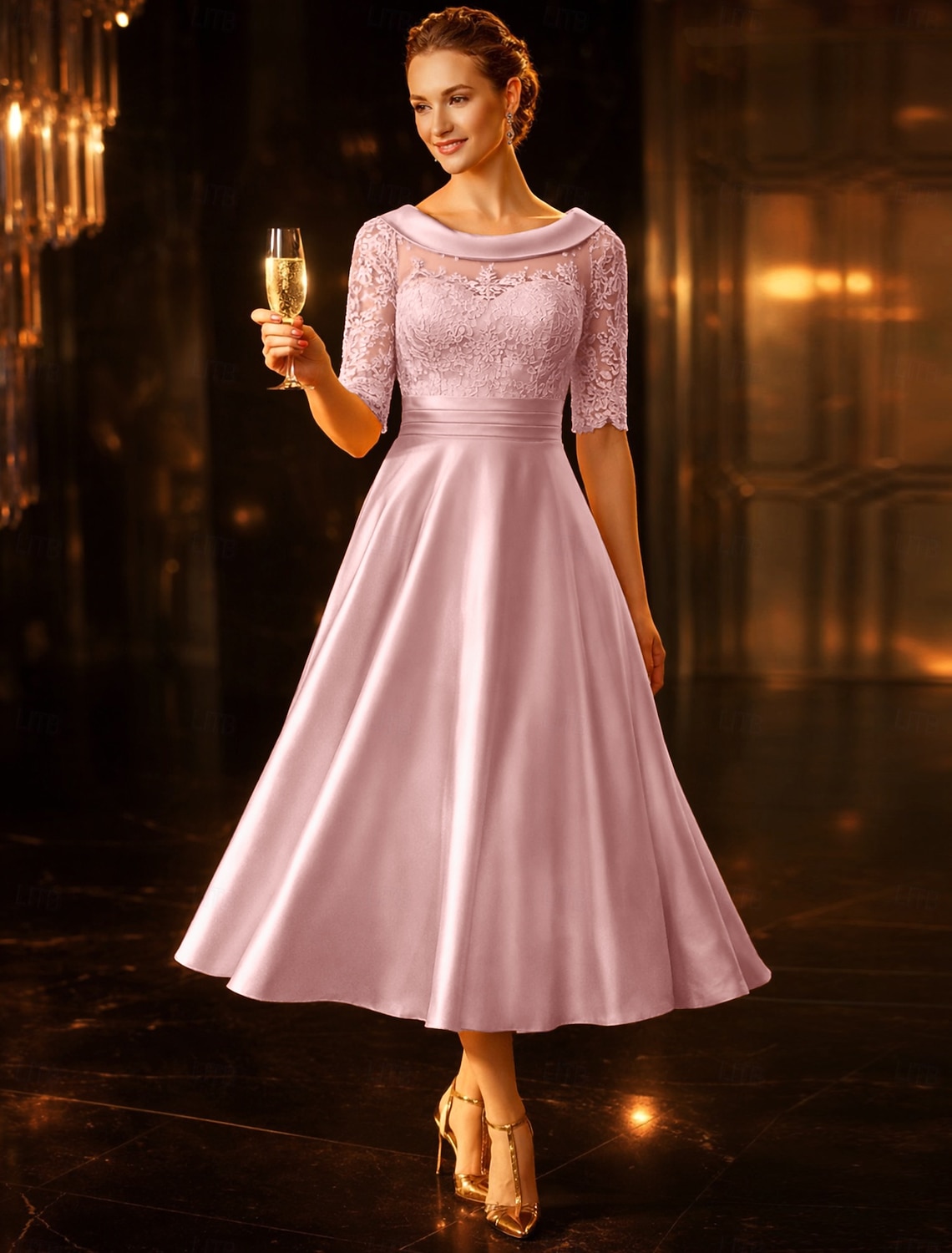 A-Line Tea Length Party Dress Cocktail Dress Wedding Guest Dress Mother of the Bride Dress Half Sleeve Scoop Neck Elegant Vintage Wedding Guest Satin Lace with Ruched Appliques