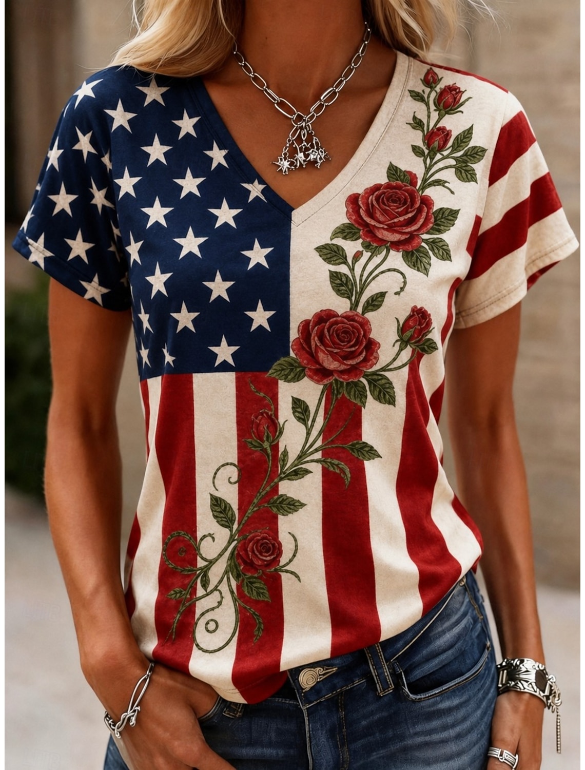 American Independence Day Women's T Shirt Print Graphic American Flag Vintage Stylish Classic Short Sleeve V Neck Regular Tops Casual Daily White-Blue White Red White Summer Spring Fall Winter