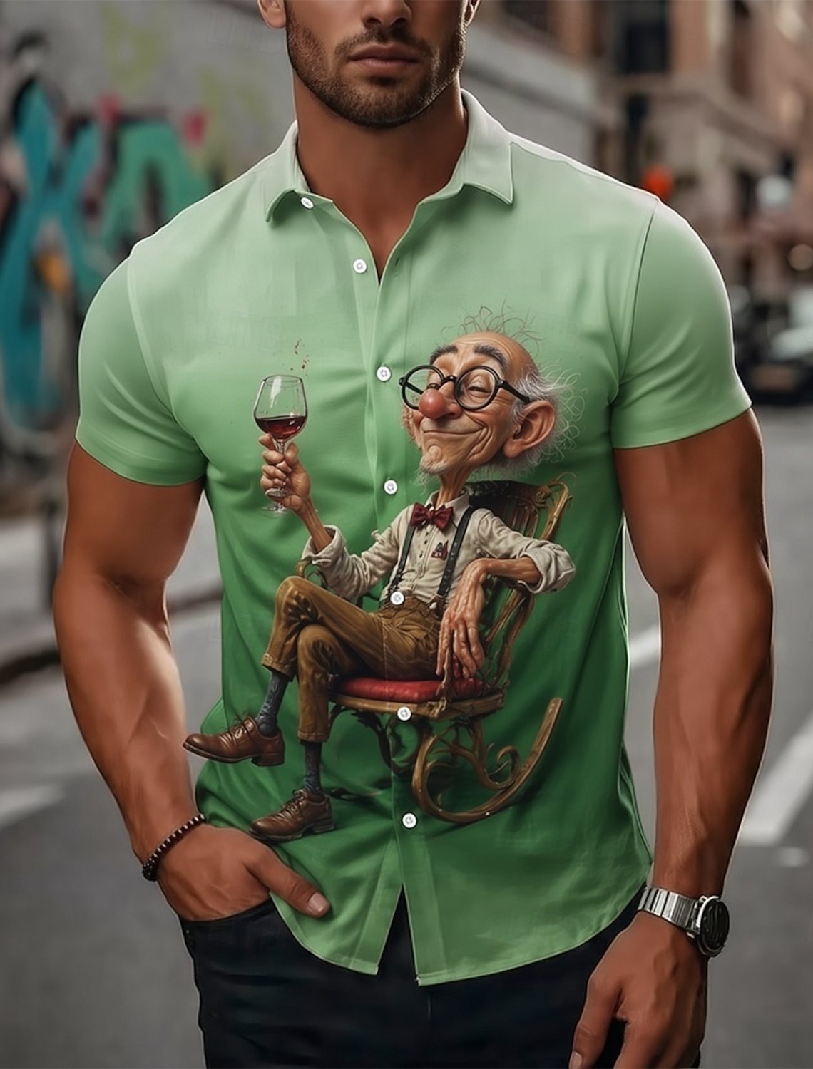 Men's Guitarist Player Cartoon Character Old Man Shirt Summer Shirt Button Up Shirt Short Sleeve Funny Vintage Retro Daily Outdoor Vacation Summer Spring Turndown 3D Print Collared Shirts Blue Violet