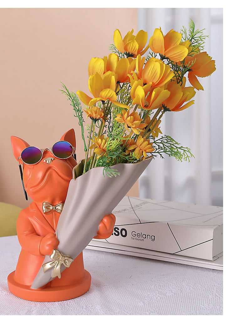 French Bulldog Figurine with Flower Vase
