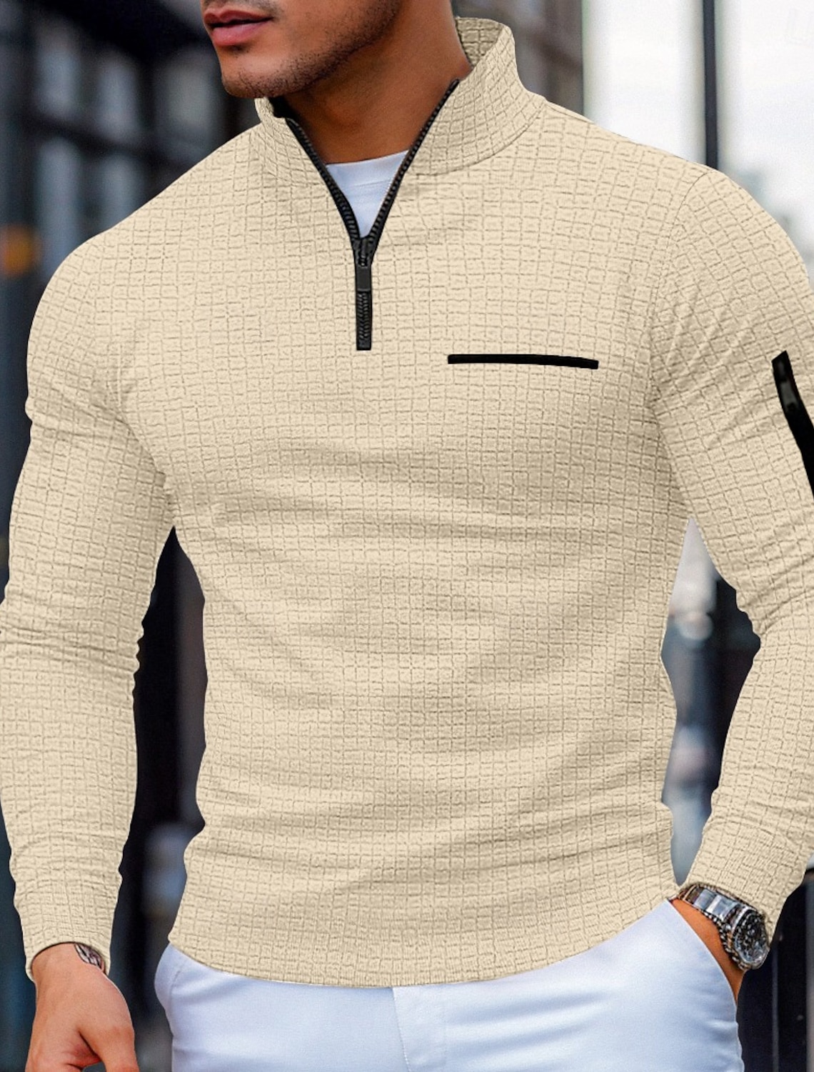 Men's Waffle Polo Shirts Zip Casual Holiday Quarter Short Sleeve