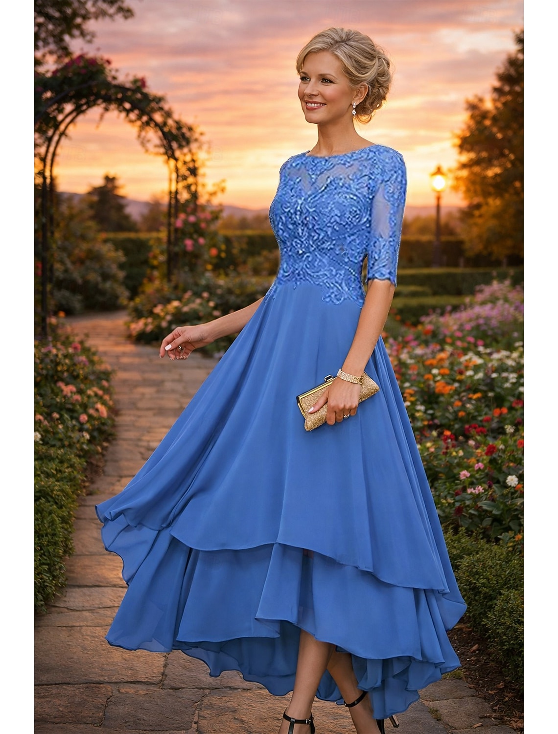 A-Line Asymmetrical Party Dress Cocktail Dress Wedding Guest Dress Mother of the Bride Dress Half Sleeve Boat Neck Elegant Simple Formal Wedding Guest with Solid Color