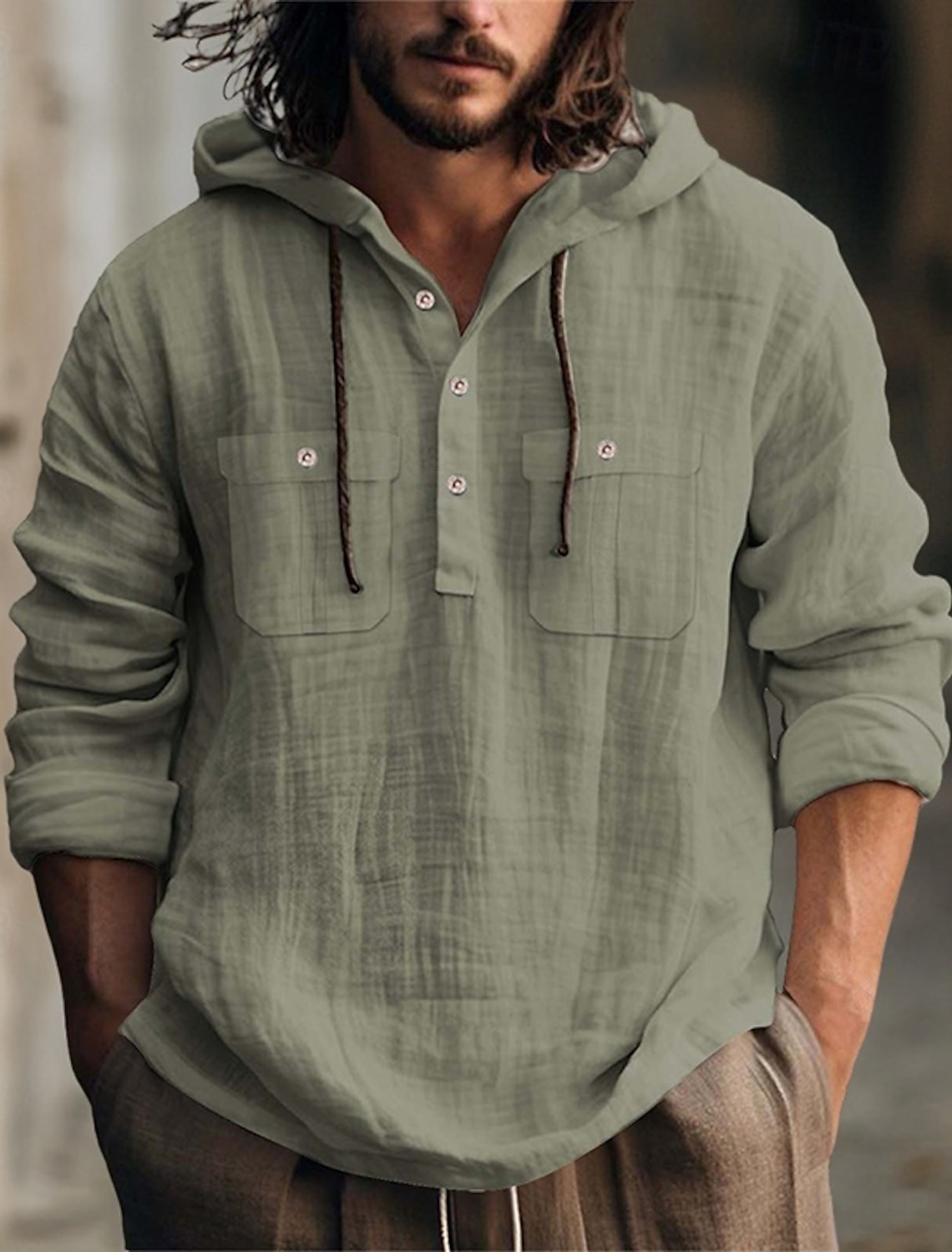 Men's Shirt Linen Shirt Summer Shirt Beach Shirt Hooded Shirt Plain Casual Daily Black White Blue Brown Long Sleeve Hooded Spring & Summer Clothing Apparel