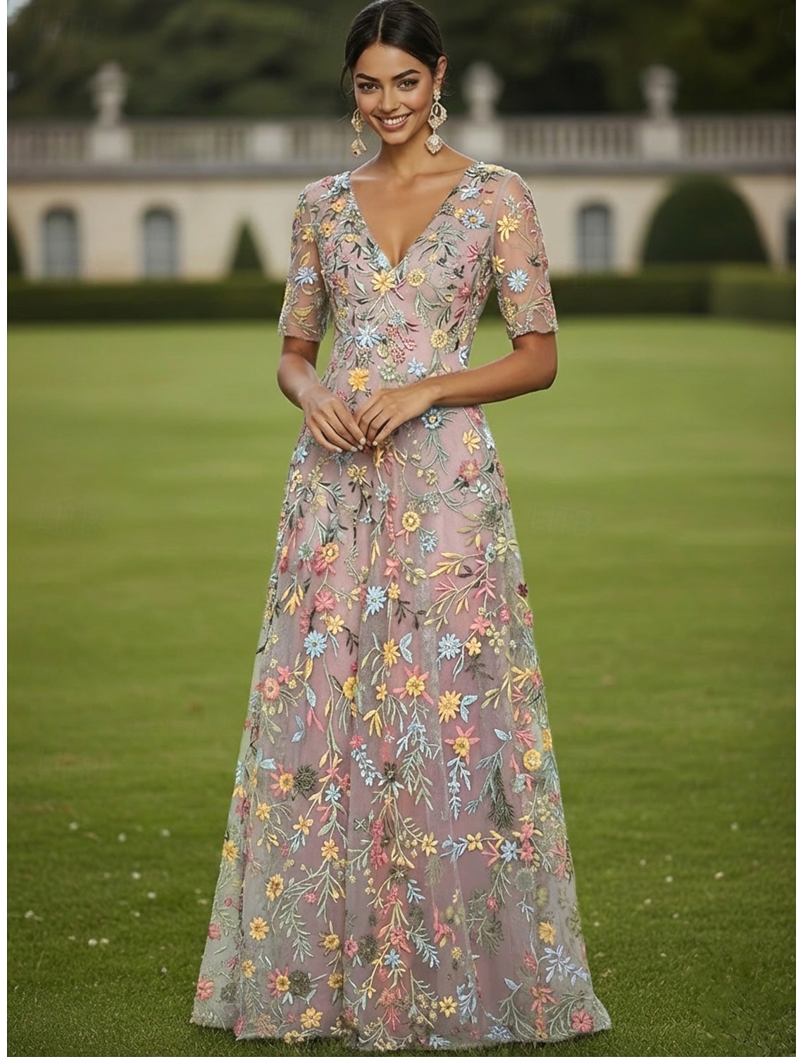 A-Line Dress Floor Length Party Dress Cocktail Dress Mother of the Bride Dress Half Sleeve V Neck Elegant Vintage Luxurious Formal Wedding Guest Kentucky Derby Tulle with Floral Print Embroidery
