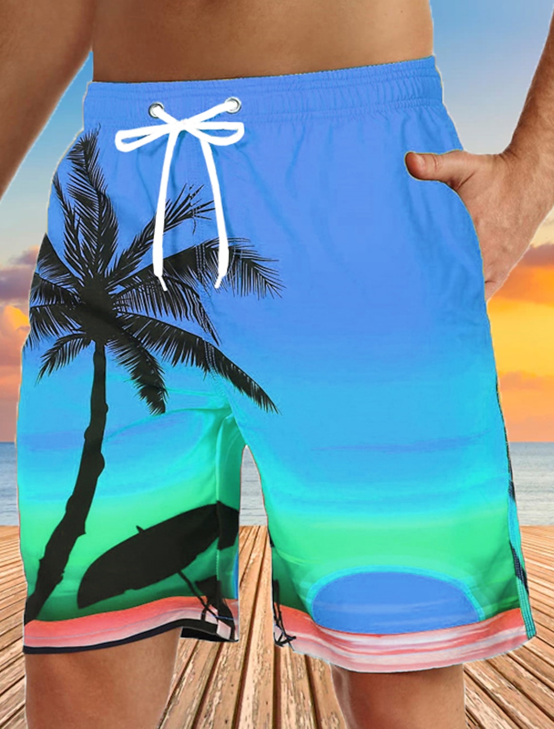 Men's Graphic Coconut Tree Swim Trunks Swim Shorts Board Shorts Mid Waist Streetwear Hawaiian Boho Casual Daily Holiday Drawstring Elastic Waist 3D Print Designer Clothing Apparel