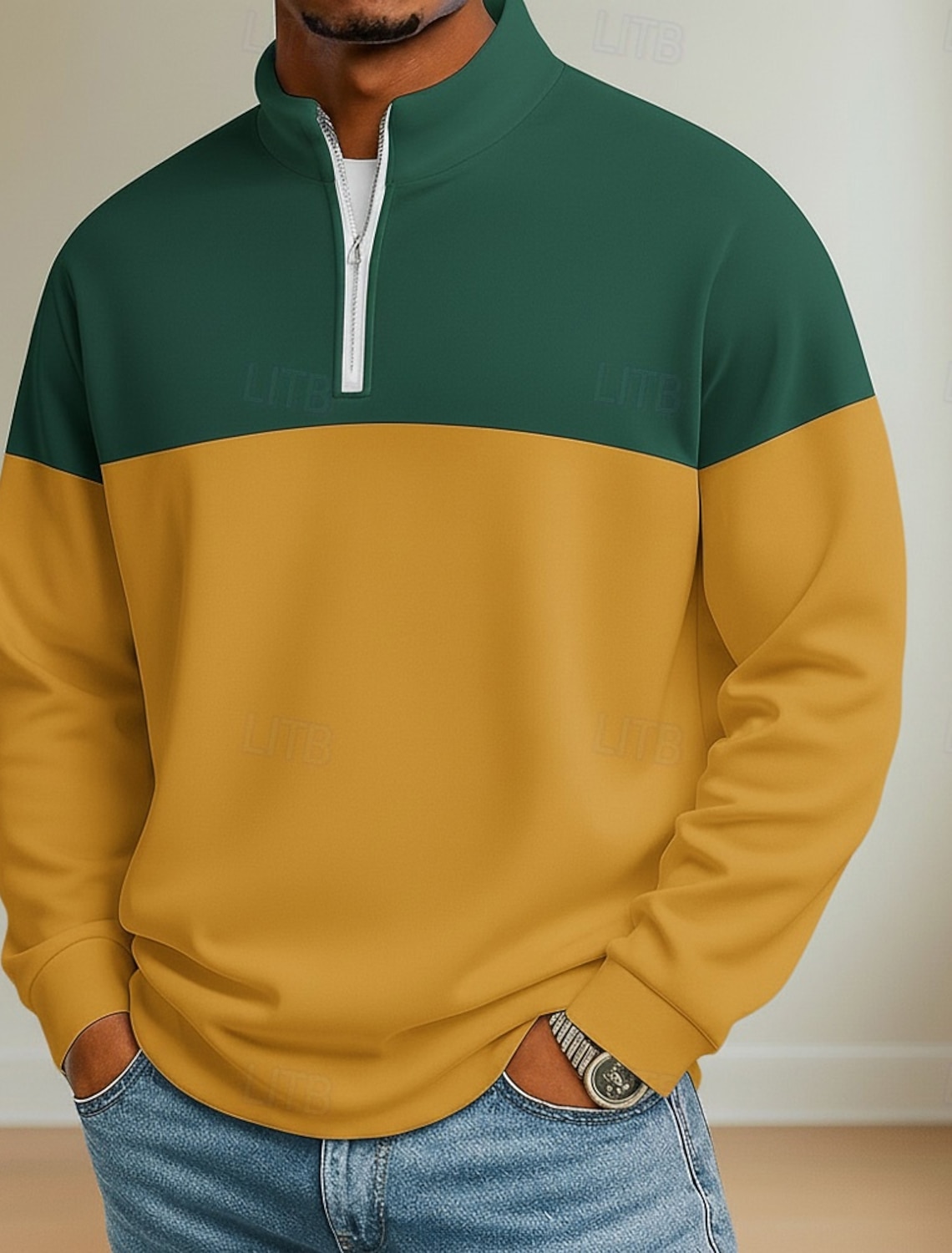 Men's Color Block Zip Polo Shirts Long Sleeve Grandad Collar Casual