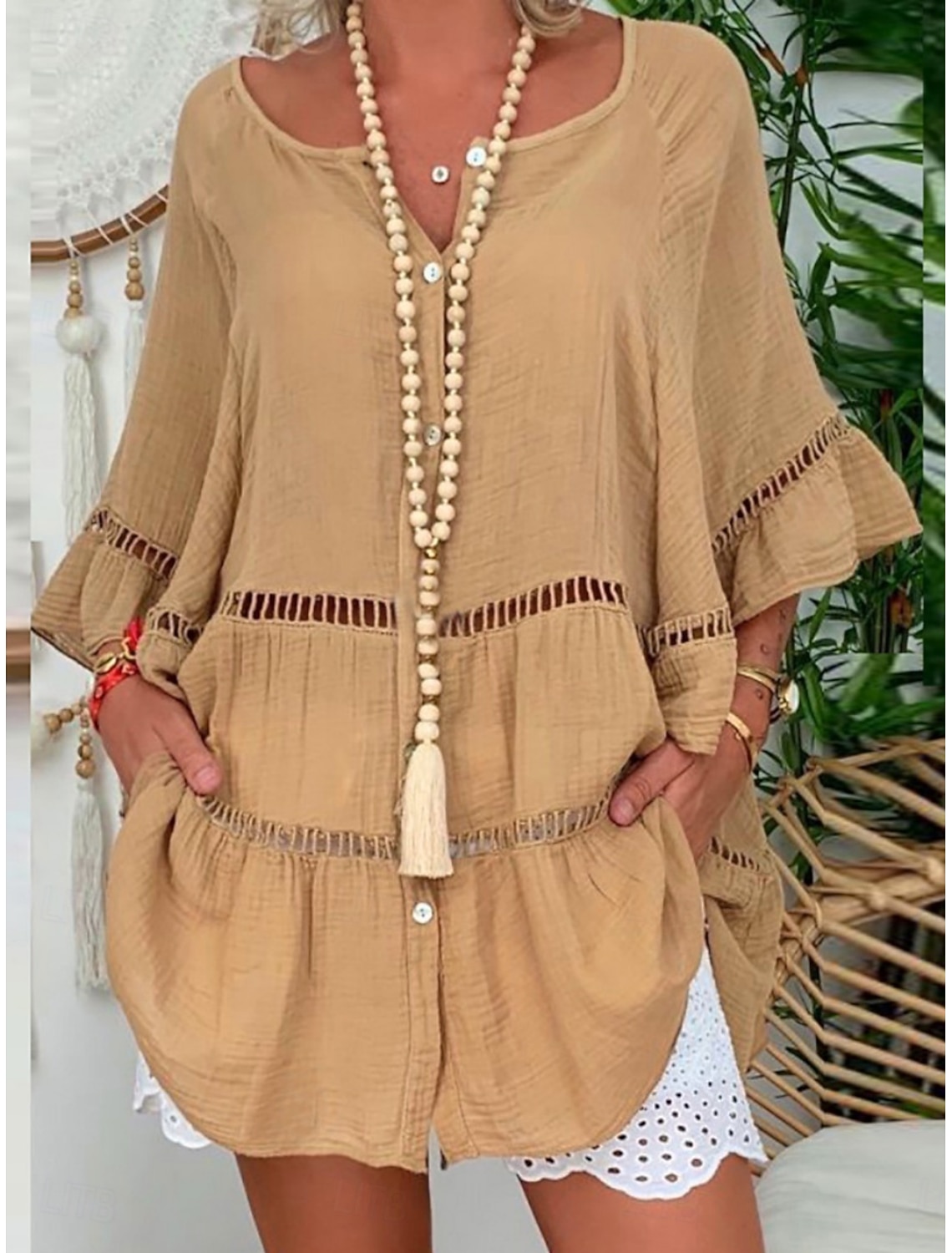 Women's Blouse Lace Solid Color Stylish Basic Casual Long Sleeve V Neck Regular Tops Casual Daily Beach White Yellow Red Brown Summer Spring Fall