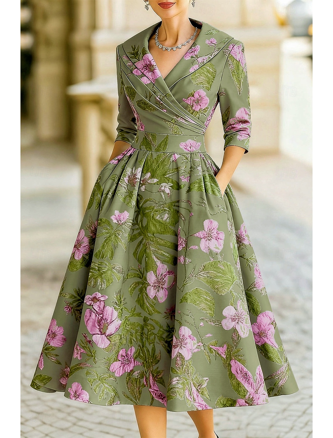 A-Line Tea Length Party Dress Cocktail Dress Wedding Guest Dress Evening Gown Elegant Vintage 3/4 Length Sleeve Shirt Collar Wedding Formal Jacquard with Pocket