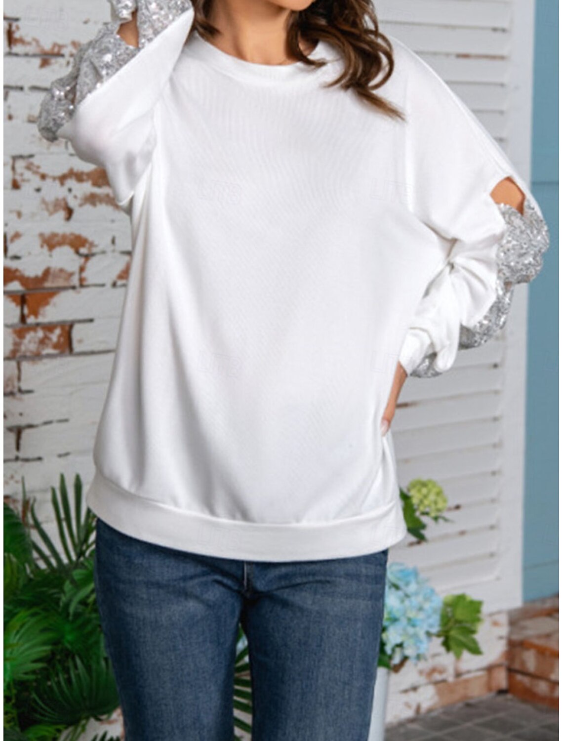 Women's Shirt Blouse Basic Casual Solid Color Regular Tops Long Sleeve Crew Neck Sequins Patchwork Bow Regular Fit Daily Fall Winter