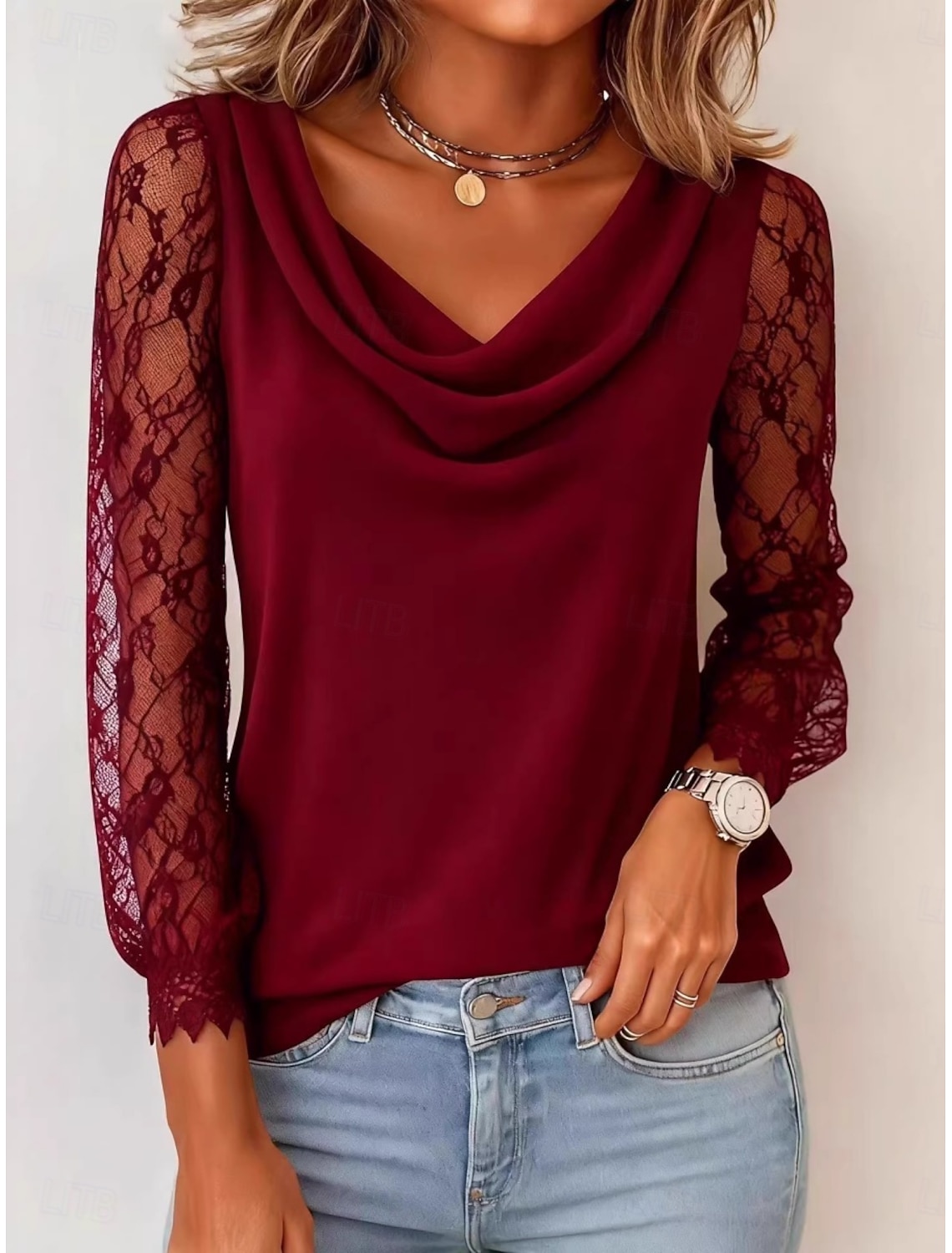 Women's Blouse Lace Patchwork Solid Color Elegant Stylish Casual Long Sleeve Cowl Neck Regular Tops Daily Black White Pink Wine Navy Blue Spring Fall Winter