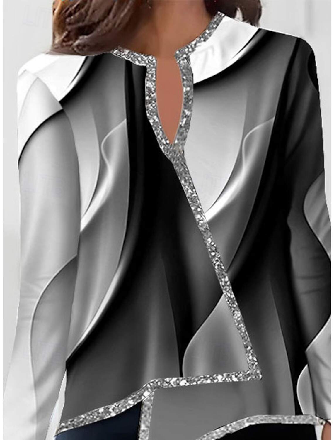 Women's Shirt Blouse Fashion Print Asymmetric Hem Long Sleeve Regular Tops V Neck Casual Fall & Winter