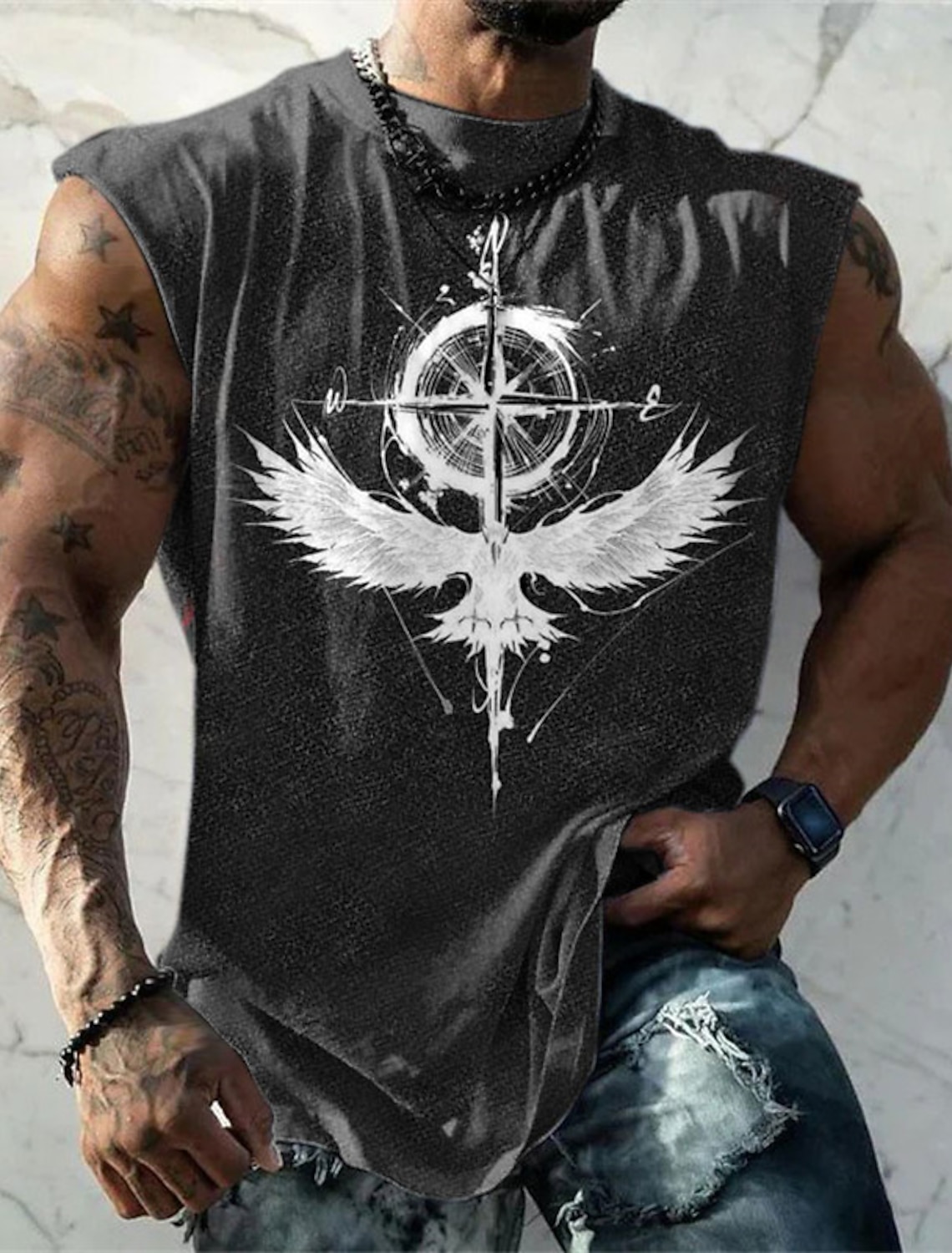 Men's Graphic Animal Viking Warrior Vest Top Sleeveless T Shirt for Men Sleeveless Cap Sleeve T shirt 3D Print Crew Neck Shirt Fashion Designer Muscle Daily Gym Sports Black White Spring & Summer